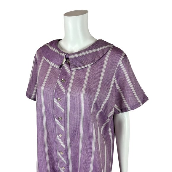 Vintage 60s Striped Dress Women's Extra Large Purple Peter Pan Bow Collar Shift - Picture 5 of 9